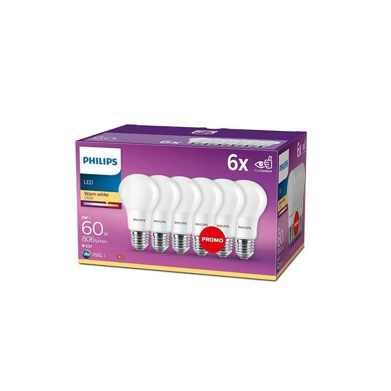 6 Becuri LED Philips A60, E27, 8W (60W), 806 lm, lumina calda (2700K) ,mat Ofertă de sezon
