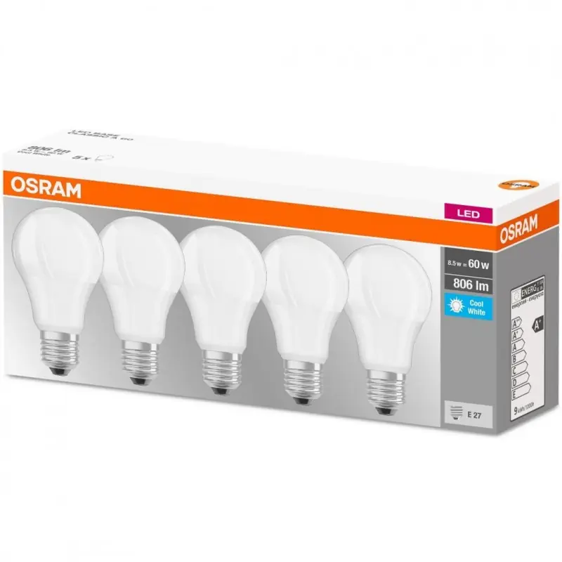 Reduceri 5 Becuri LED Osram Base Classic A, E27, 8.5W (60W), 806 lm, luminaneutra(4000K)
