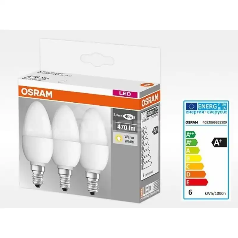 Plată sigură 3 Becuri LED Osram Base Classic B, E14, 4.9W (40W), 470 lm, lumina calda (2700K)