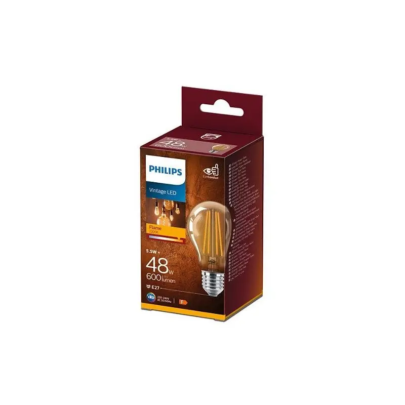Cel mai vândut Bec LED vintage (decorativ) Philips Classic Gold Bulb A60, EyeComfort ,E27, 5.5W (48W), 600 lm, lumina calda (2500K), cu filamen