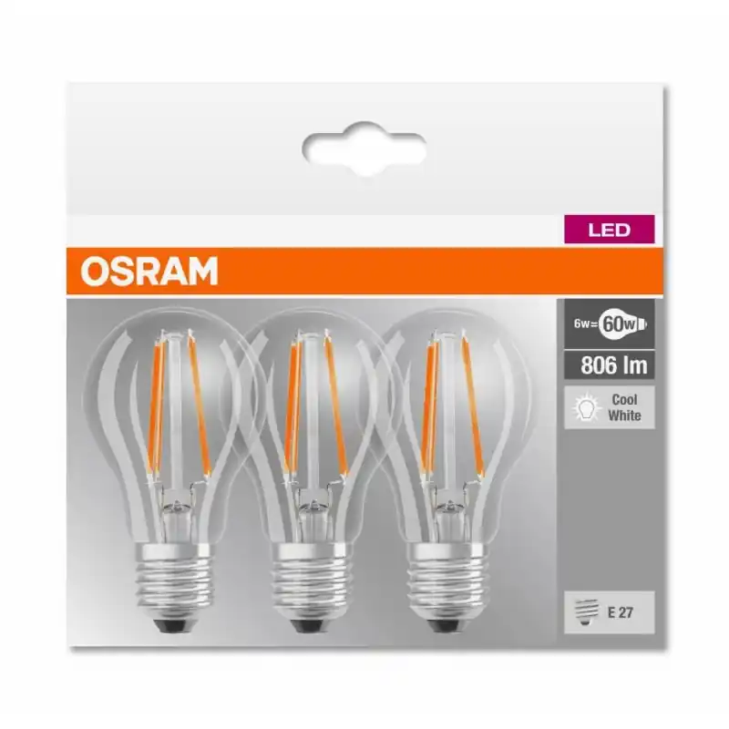 Ofertă limitată 3 Becuri LED Osram Base Classic A, E27, 7W (60W), 806 lm, lumina neutra(4000K), cu filament