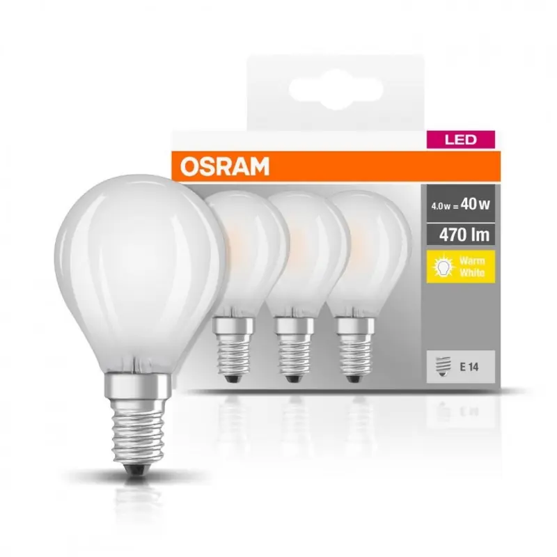 3 Becuri LED Osram Base Classic P, E14, 4W (40W), 470 lm, lumina calda(2700K), semi-transparent Reducere extra