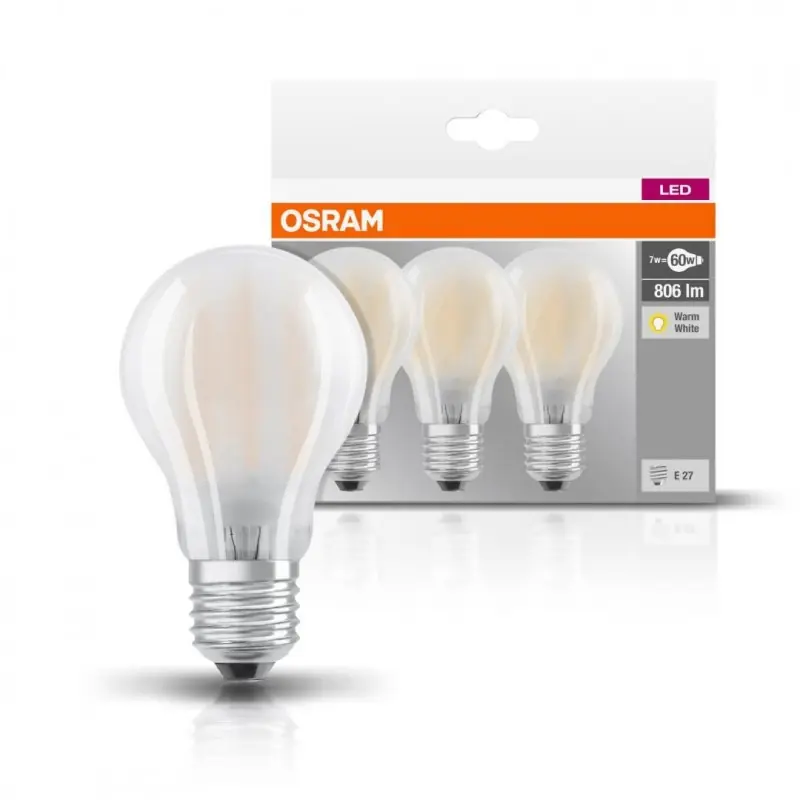 3 Becuri LED Osram Base Classic A, E27, 7W (60W), 806 lm, luminacalda(2700K), semi-transparent Bestseller