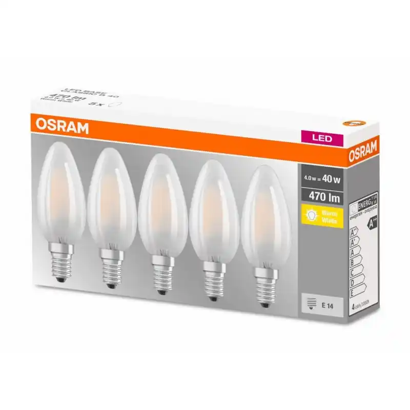 5 Becuri LED Osram Base Classic B, E14, 4W (40W), 470 lm, luminacalda(2700K), semi-transparent Livrare expres