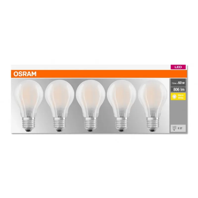 5 Becuri LED Osram Base Classic A, E27, 7W (60W), 806 lm, luminacalda(2700K), semi-transparent Reducere extra