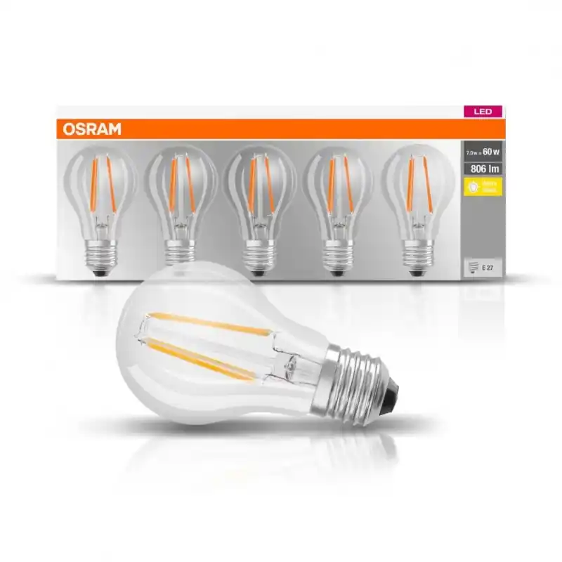 Livrare rapidă 5 Becuri LED Osram Base Classic A, E27, 7W (60W), 806 lm, luminacalda(2700K), cu filament