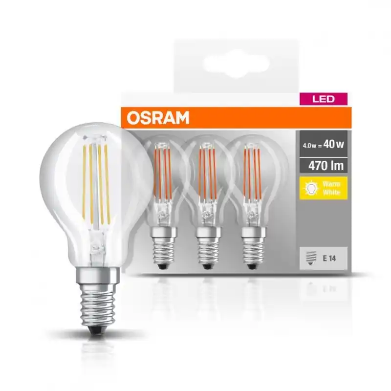 Livrare expres 3 Becuri LED Osram Base Classic P, E14, 4W (40W), 470 lm, lumina calda (2700K), cu filament