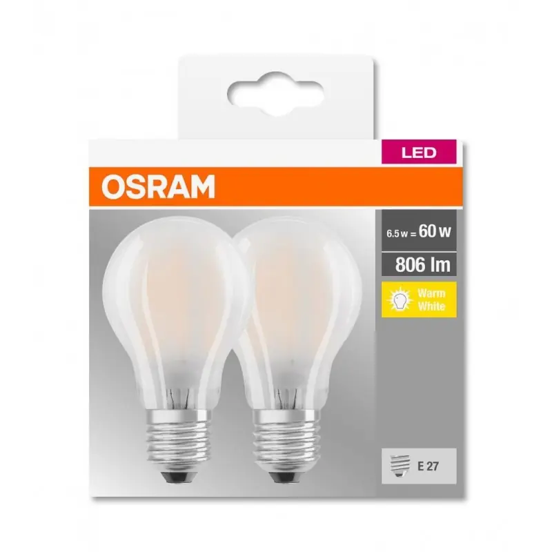 Livrare gratuită 2 Becuri LED Osram Base Classic A, E27, 7W (60W), 806 lm, luminacalda(2700K), semi-transparent