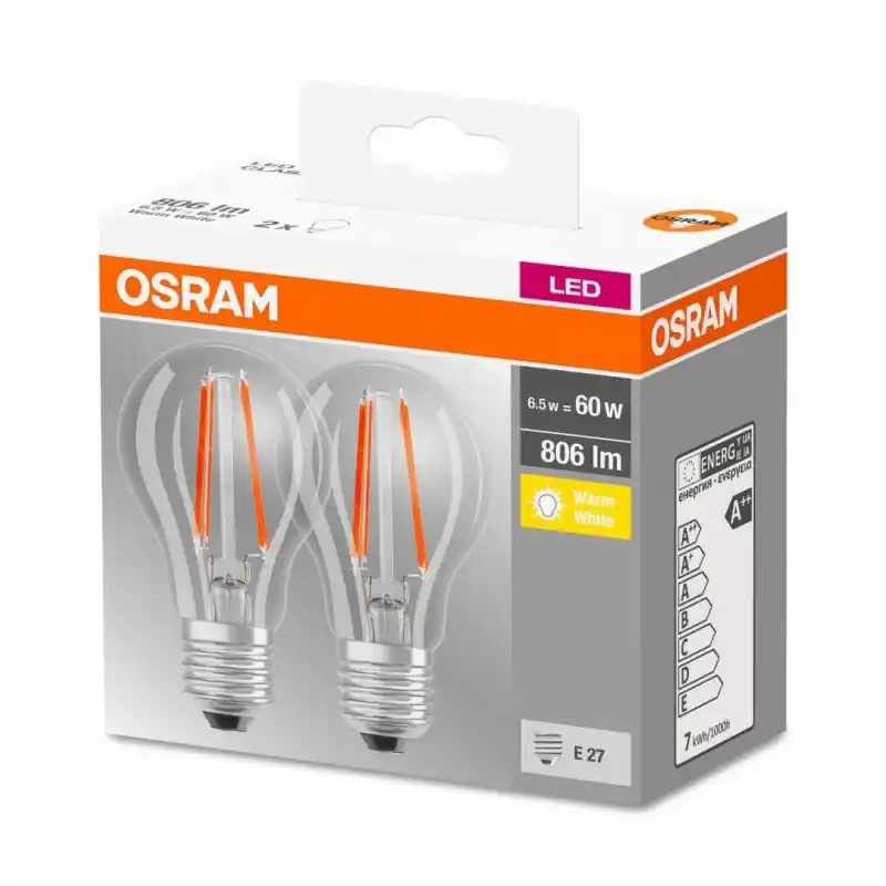 2 Becuri LED Osram Base Classic A, E27, 7W (60W), 806 lm, lumina calda (2700K), cu filament Cel mai bun preț