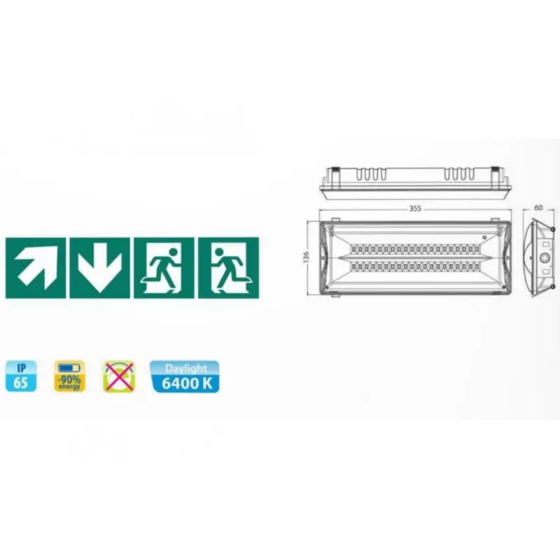 Retur gratuit Lampa LED emergenta cu baterie Li-ion Vivalux CASTOR, 5W, 3.7V, 2200mAh, 350 lm, lumina rece (6400K), IP65, 5 pictograme, 350x11