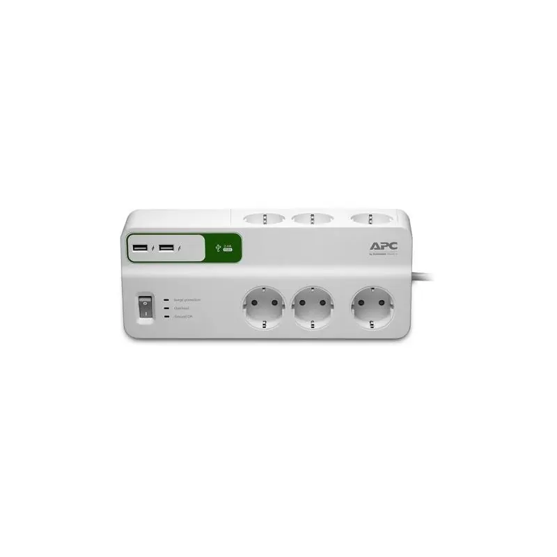 Retur ușor Prelungitor APC cu protectie 6 prize Schuko cablu ≤2.0m 2 porturi USB alb