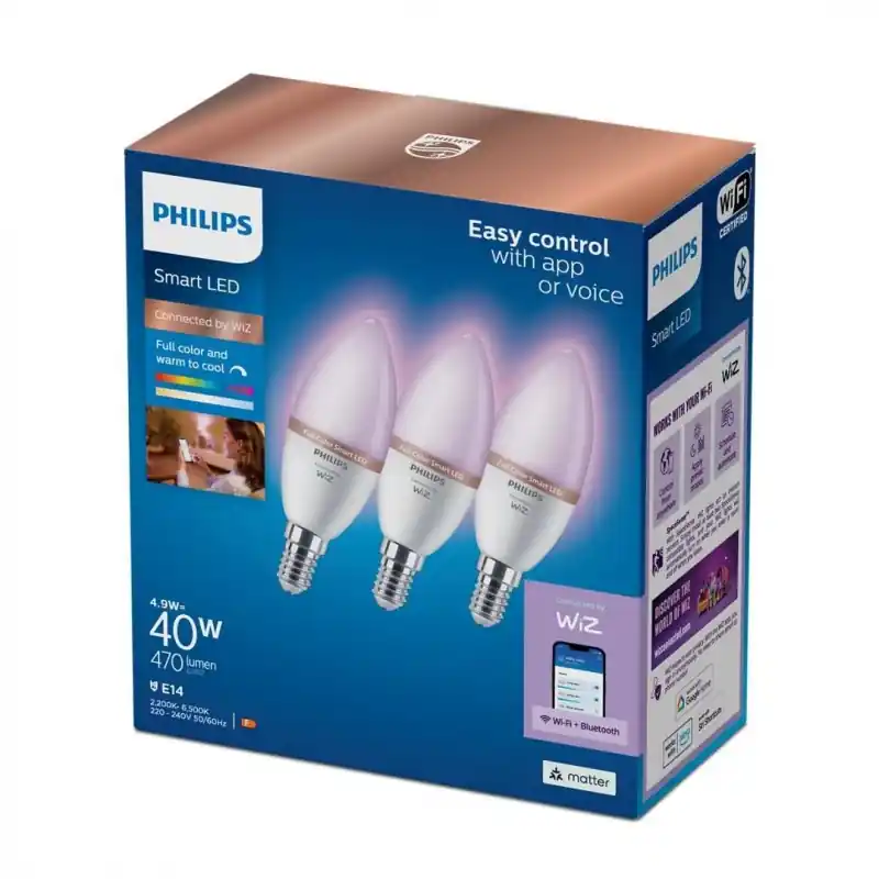 Popular 3 Becuri LED RGB inteligente Philips Candle C37, Wi-Fi, Bluetooth, E14, 4.9W (40W), 470 lm, lumina alba si color (2200-6500K)
