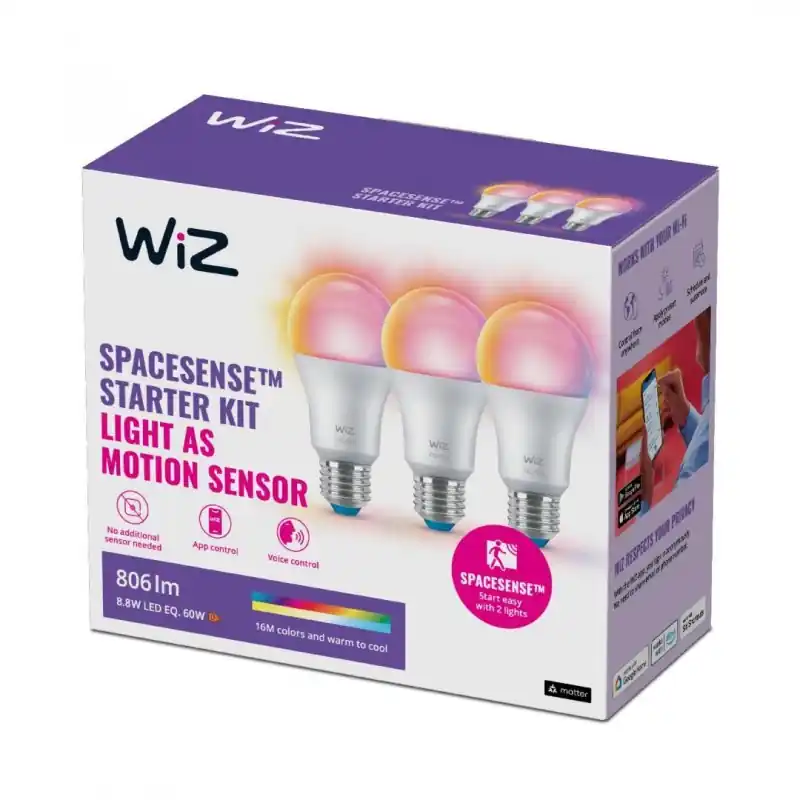 3 Becuri LED RGB inteligente WiZ Connected Colors A60, Wi-Fi, E27, 8.8W (60W), 806 lm, lumina alba si color (2700-6500K), compat Promoție