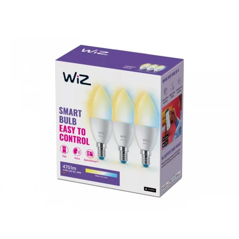 3 Becuri LED inteligente WiZ Connected Whites C37, Wi-Fi, E14, 4.9W (40W), 470 lm, lumina alba (2700-6500K), compatibil Google A Transport gratuit