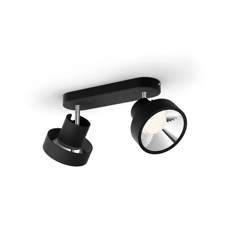 Spot LED Dublu Philips Bukko, 2x4.3W, 800 lm, intensitate variabila ,lumina calda (2200-2700K), IP20, 17x36.6x11cm, Metal, Negru Promoție