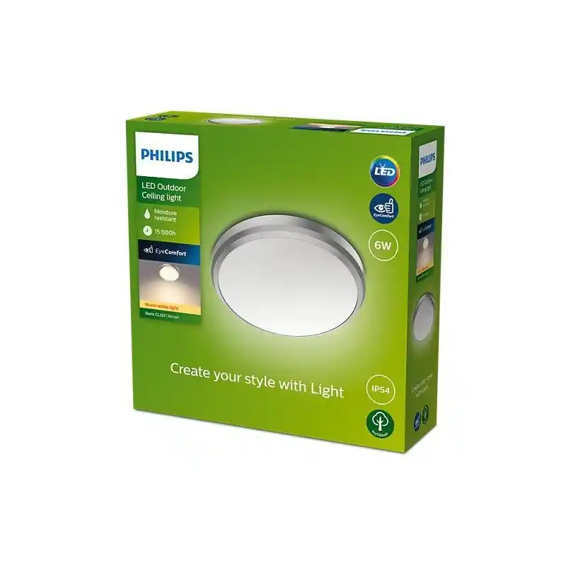 Plafoniera LED pentru exterior Philips Doris, 6W, 600 lm, lumina calda (2700K), IP54, 22 cm, Nichel Expediere rapidă