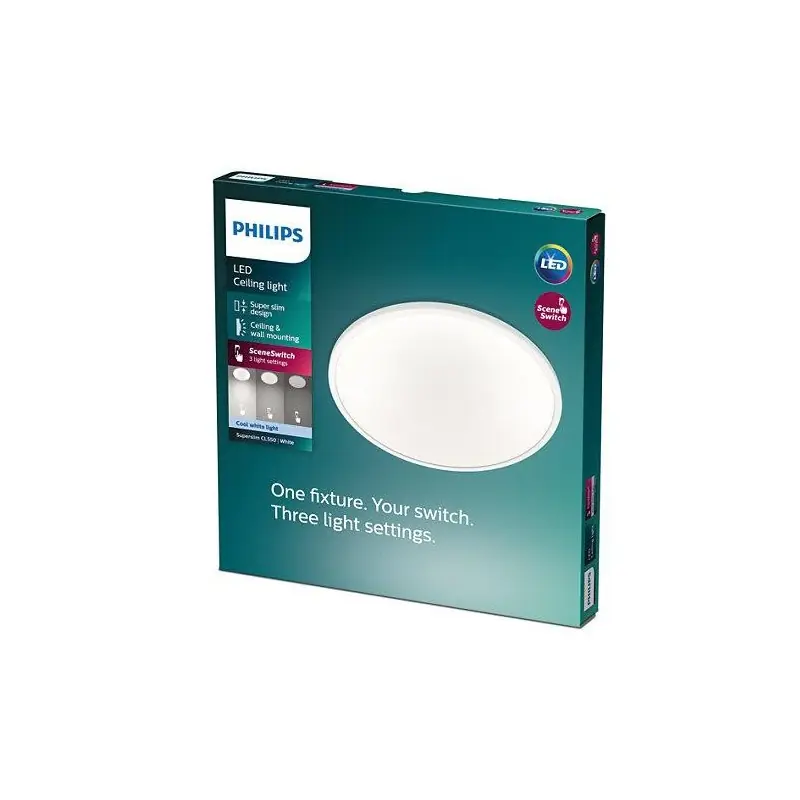 Ofertă specială Plafoniera LED Philips Superslim CL550, 3 trepte de intensitate, 15W, 1500 lm, lumina neutra (4000K), IP20, 25cm, Alb