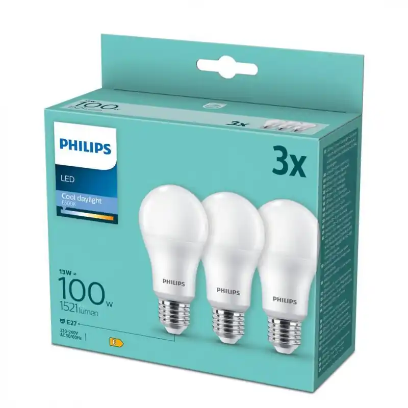 3 Becuri LED Philips A67, E27, 13W (100W), 1521 lm, lumina rece (6500K) ,mat Plată sigură