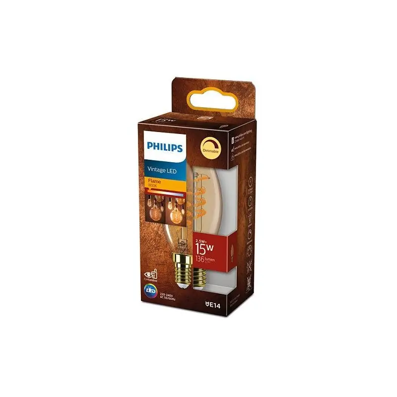 Preferatul clienților Bec LED vintage (decorativ) Philips Classic Gold Candle B35, EyeComfort ,E14, 2.5W (15W), 136 lm, lumina calda (1800K), dimabil,