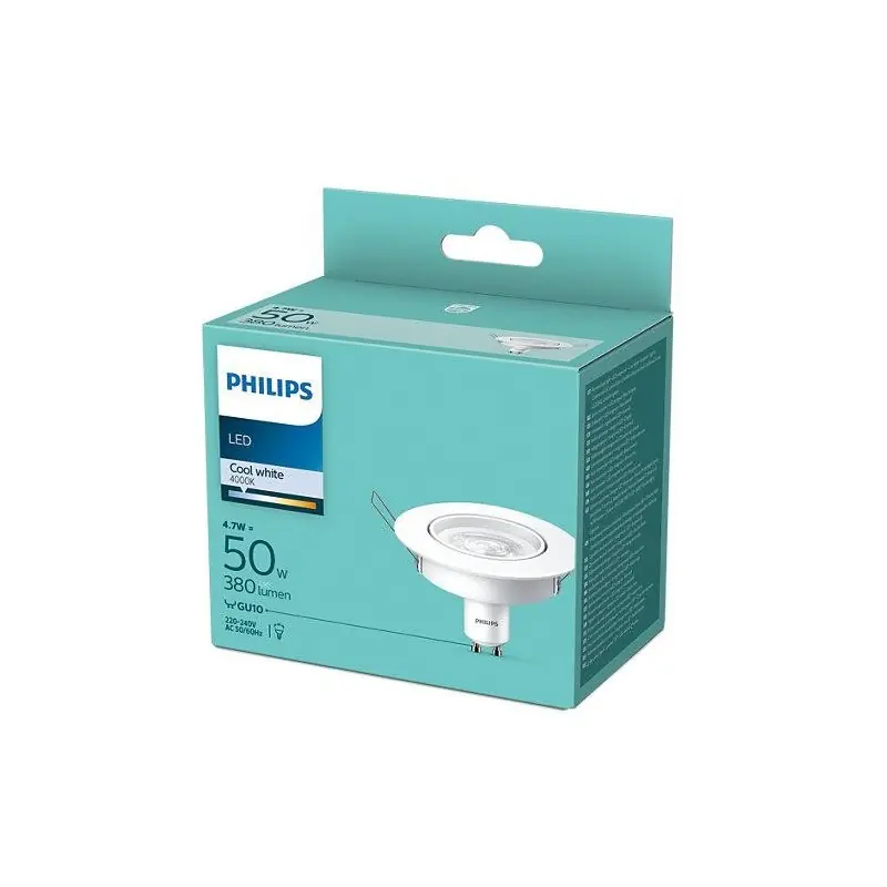 Vezi acum Bec LED spot Philips, GU10, 4.7W (50W), 380 lm, lumina neutra (4000K), 9cm, Alb