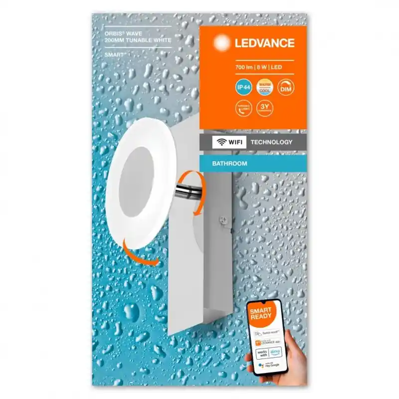 Disponibil imediat Aplica LED inteligenta pentru baie Ledvance SMART+ Wifi Orbis Wave 200, 8W, 700 lm, lumina alba (3000-6500K), IP44, 200x93x120mm