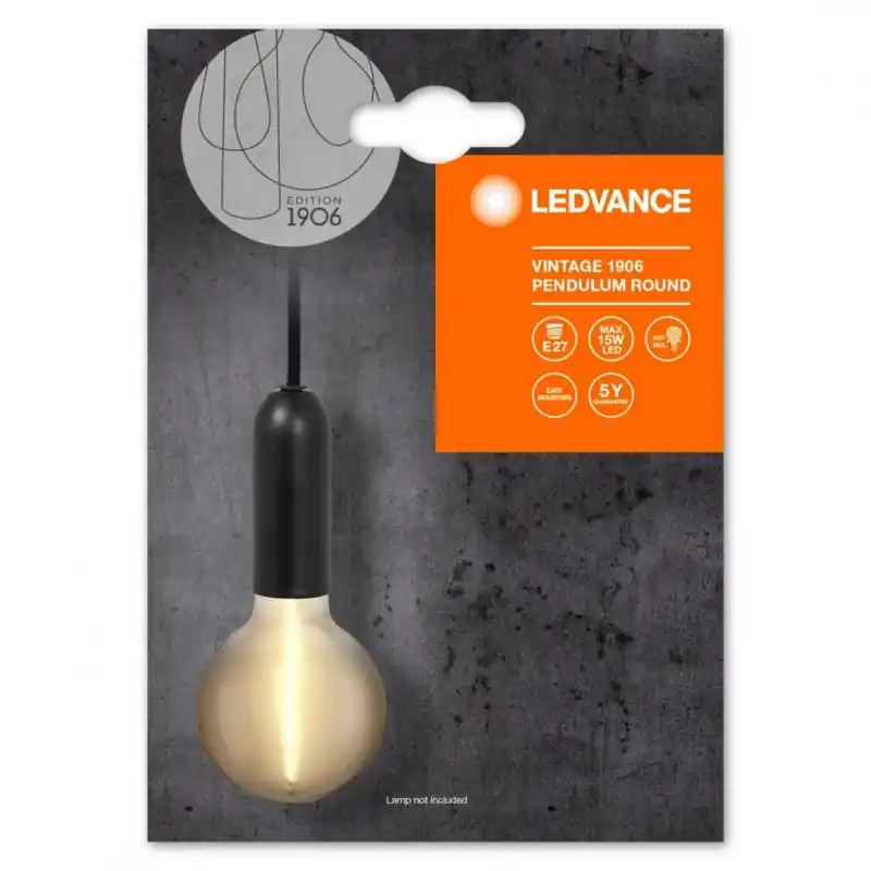 Cel mai bun preț Pendul Ledvance Vintage 1906 Round Negru, E27, max. 15W LED, Metal, IP20, Ø100mm, cablu 1.5m, bec neinclus