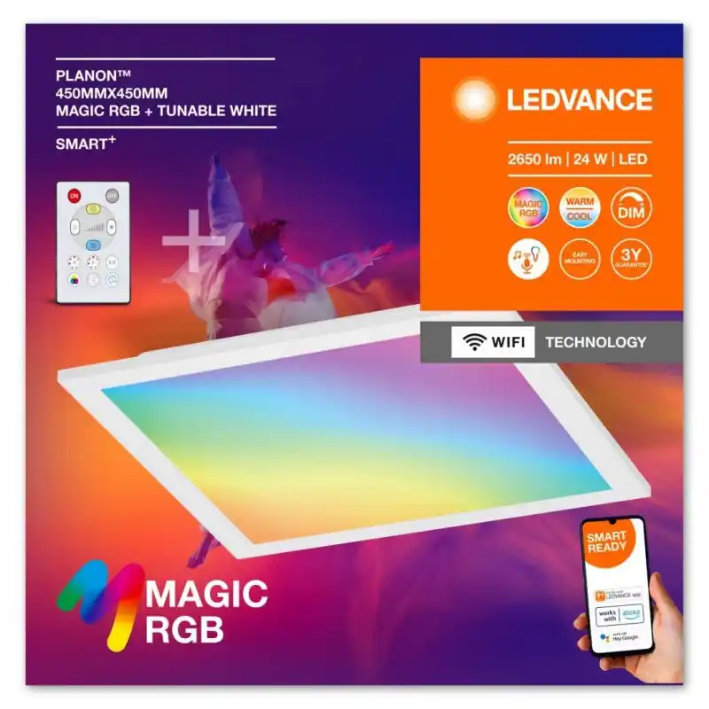 Panou LED RGB inteligent Ledvance SMART+ Wifi PANEL Magic cu Telecomanda, 24W, 2650 lm, lumina alba si color (2700-6500K), dimab Reducere de preț