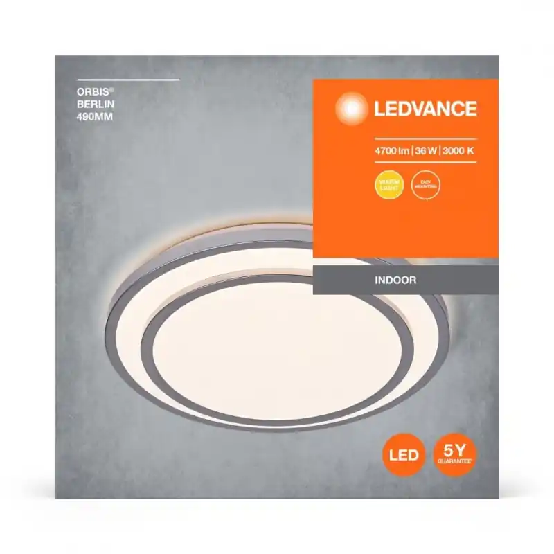 Livrare expres Plafoniera LED Ledvance Orbis Berlin 490, 36W, 4700 lm, lumina calda (3000K), IP20, Ø49cm, metal/plastic, Argintiu