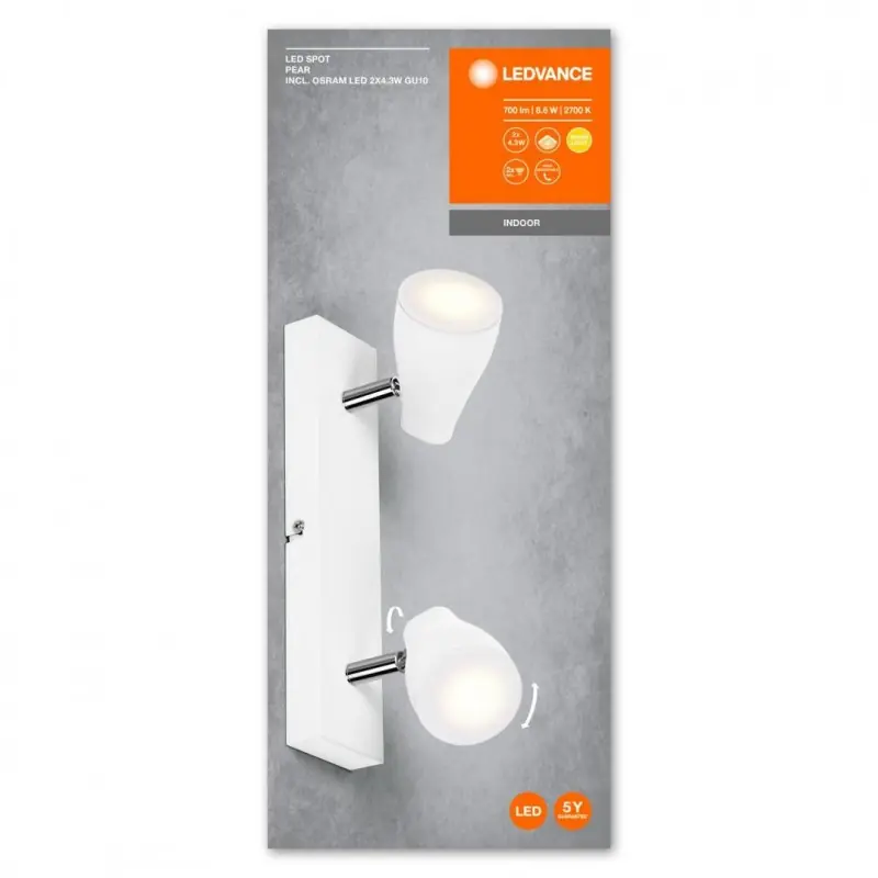 Spot LED dublu ajustabil Ledvance Pear, 2xGU10, 2x4.3W, 700 lm, lumina calda (2700K), IP20, 274x131x60mm, metal/plastic, Alb Cumpără online