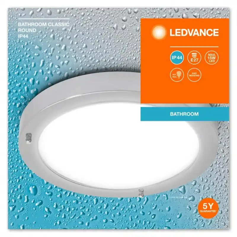 Livrare expres Plafoniera pentru baie Ledvance Classic Crom, E27, max. 15W LED,metal/sticla, IP44, Ø310x80mm, bec neinclus