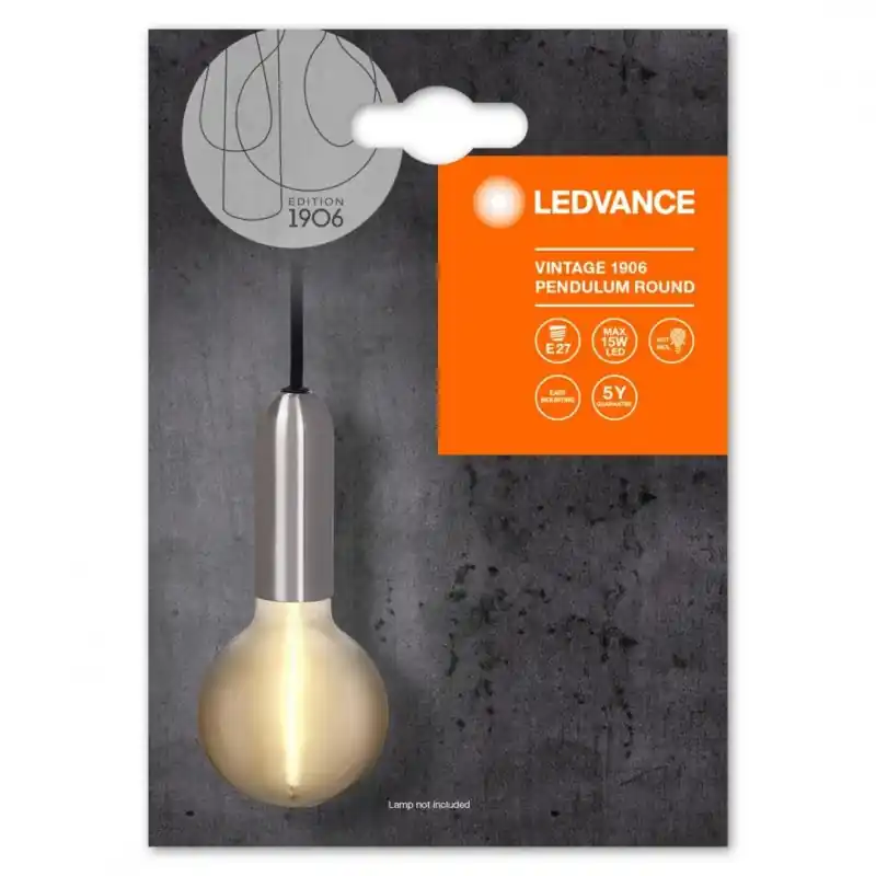Pendul Ledvance Vintage 1906 Round Cromat, E27, max. 15W LED, Metal, IP20, Ø100mm, cablu 1.5m, bec neinclus Chilipir