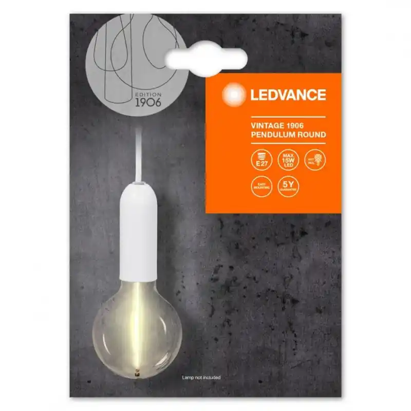 Ofertă exclusivă Pendul Ledvance Vintage 1906 Round Alb, E27, max. 15W LED, Metal, IP20, Ø100mm, cablu 1.5m, bec neinclus