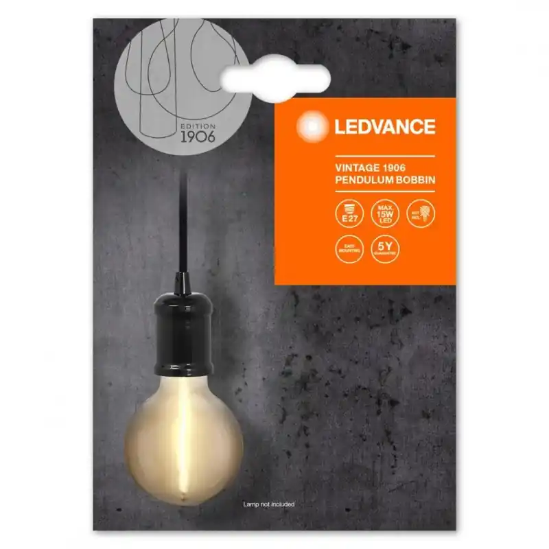 Livrare gratuită Pendul Ledvance Vintage 1906 Bobbin Negru, E27, max. 15W LED, Metal, IP20, Ø100mm, cablu 1.5m, bec neinclus