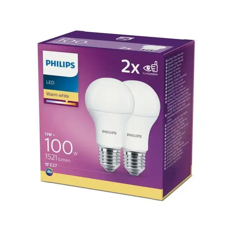 Ofertă limitată 2 Becuri LED Philips A60, EyeComfort, E27, 13W (100W), 1521 lm ,luminacalda (2700K), mat