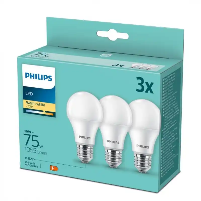 Preț mic 3 Becuri LED Philips A60, E27, 10W (75W), 1055 lm, lumina calda (2700K) ,mat