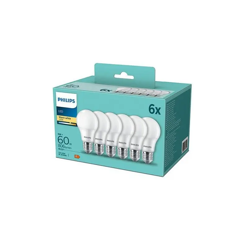 Set 6x bec LED Philips E27, 8W(60W), 220-240V, lumina alba calda 2700K, 806 lumeni, durata de viata 15.000 de ore, clasa energet Calitate înaltă