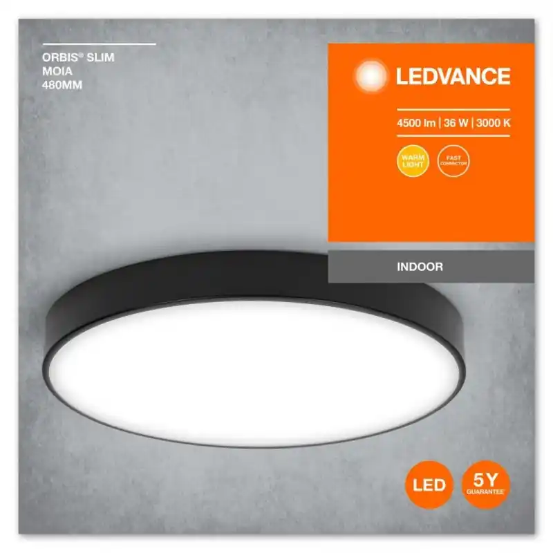 Retur ușor Plafoniera LED Ledvance Orbis Slim Moia 480, 36W, 4500 lm, lumina calda (3000K), IP20, Ø48cm, metal/PMMA, Negru