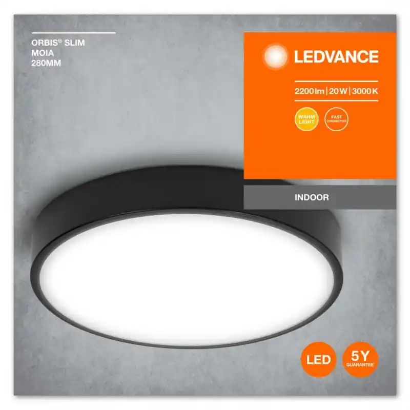 Plafoniera LED Ledvance Orbis Slim Moia 280, 20W, 2200 lm, lumina calda(3000K), IP20, Ø28cm, metal/PMMA, Negru Discount