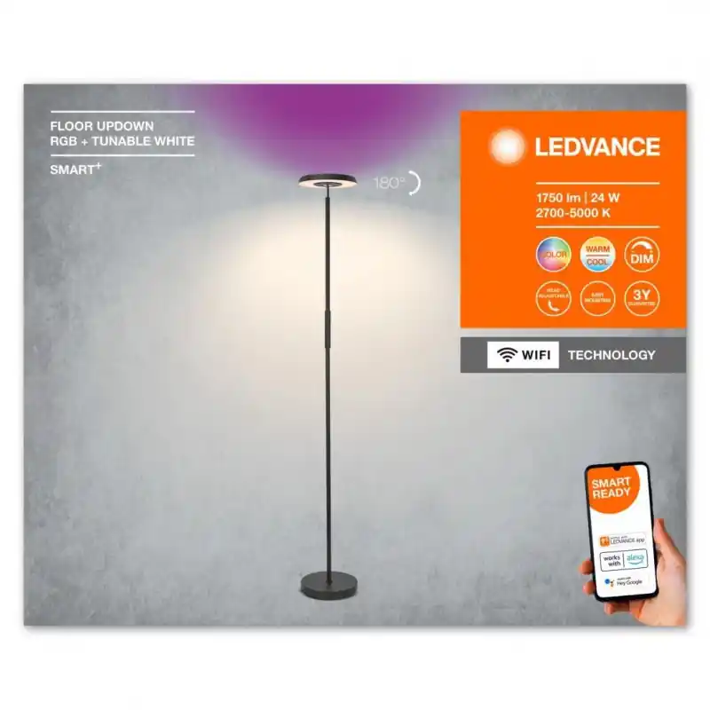 Lampadar LED RGB inteligent Ledvance Smart+ WiFi FLOOR UP&DOWN, 24W, 1750 lm, lumina alba si color (2700-5000K), dimabila, Ø251x Doar azi