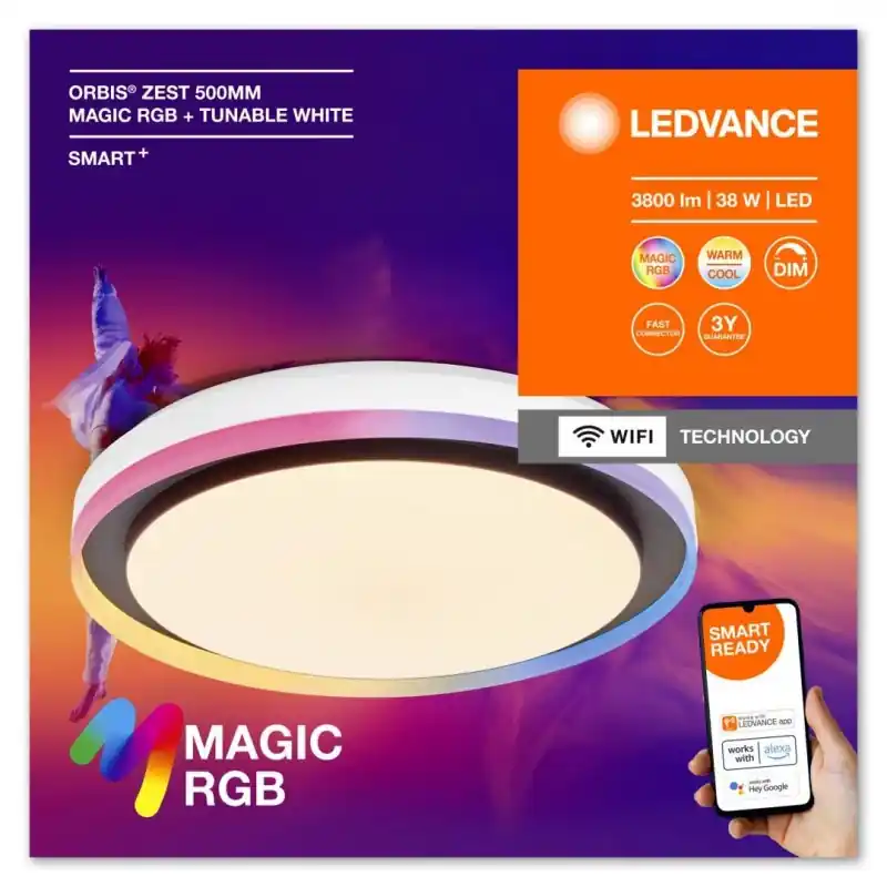Premium Plafoniera LED RGB inteligenta Ledvance Smart+ WiFi Magic ORBIS ZEST cu Telecomanda, 38W, 3800 lm, lumina alba si color (2700-65