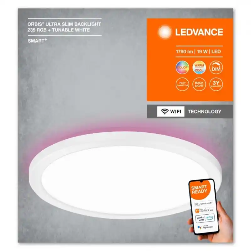 Plafoniera LED RGB inteligenta Ledvance Smart+ WiFi ORBIS ULTRA SLIM BACKLIGHT, 19W, 1790 lm, lumina alba si color (2700-6500K), Preferatul clienților