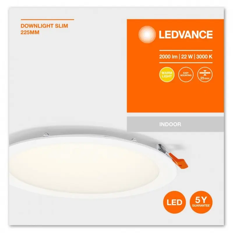 Spot LED incastrat Ledvance RECESS DOWNLIGHT SLIM, 22W, 2000 lm, lumina calda (3000K), Ø22.5cm, Alb Retur gratuit
