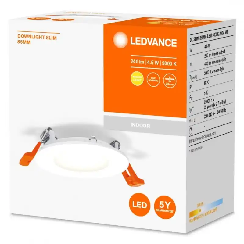 Spot LED incastrat Ledvance RECESS DOWNLIGHT SLIM, 4.5W, 240 lm, lumina calda (3000K), Ø8.5cm, Alb Preț redus