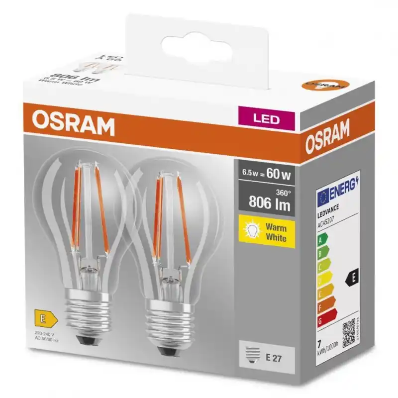 2 Becuri LED Osram Base Classic A, E27, 6.5W (60W), 806 lm, lumina calda(2700K), cu filament Cel mai bun preț