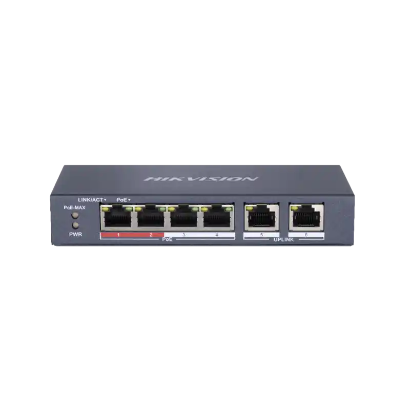 Popular Switch Hikvision DS-3E0106P-E-M, Switching capacity 1.6 Gbps, 4 x 10/100Mbps PoE ports, and and 2 × 10/100Mbps RJ45 ports, MAC a