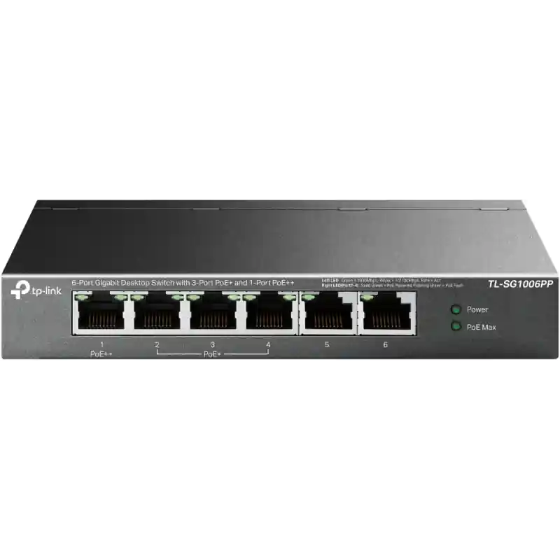 "6-Port Gigabit Desktop Switch with 3-Port PoE+ and 1-Port PoE++ PORT: 1× Gigabit PoE++ Port, 3× Gigabit PoE+ Ports, 2x Gigabit Cel mai vândut