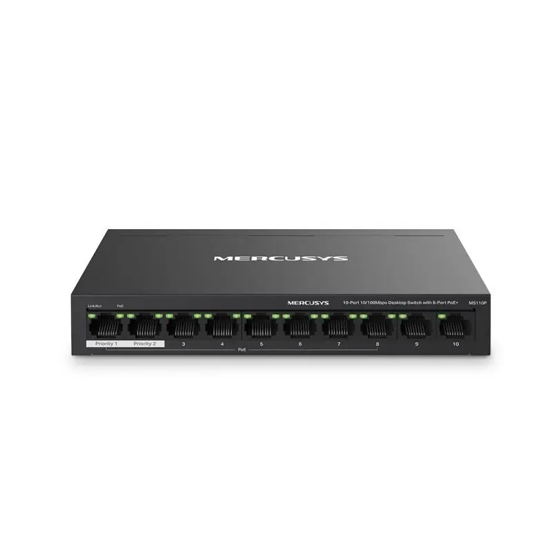 Bestseller MERCUSYS DESKTOP SWITCH 10PORT MS110P POE, Interfata:10× 10/100 Mbps, Standarde si protocoale:IEEE 802.3x Flow Control, Dime
