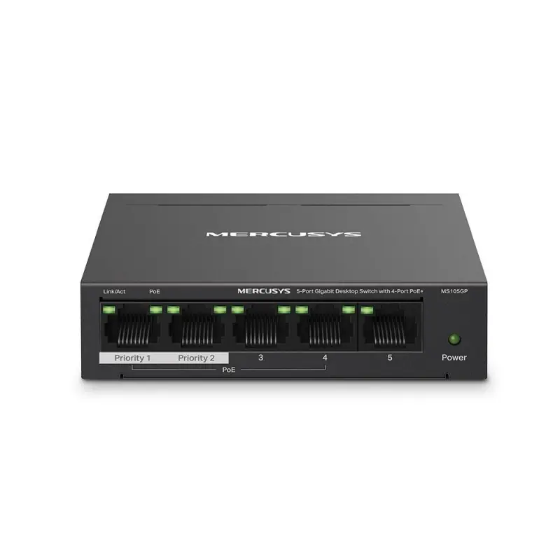 MERCUSYS DESKTOP SWITCH 5PORT MS105GP POE, Interfata: 5 x 5× 10/100/1000 Mbps RJ45 ports, 4 x POE, PoE Power Budget: 65 W, Stand Nu rata