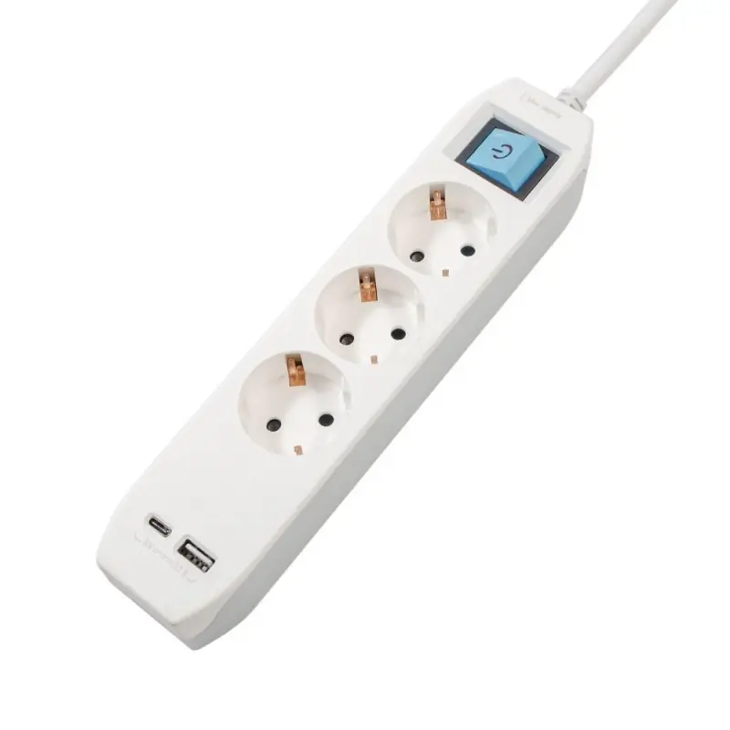 Ofertă exclusivă PRELUNGITOR SPACER, Schuko x 3, conectare prin Schuko (T),Type-C x1, USB x 1, 3.1A, cablu 4.5m, 16 A, max. 3500W,protectie copii