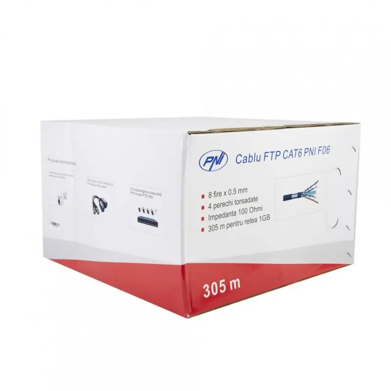 Cablu FTP CAT6 PNI F06 cu 4 perechi pentru internet 1 Gigabit si sisteme de supraveghere Rola 305m, Cablu cu 8 fire x 0.5 mm - 4 Preț promoțional